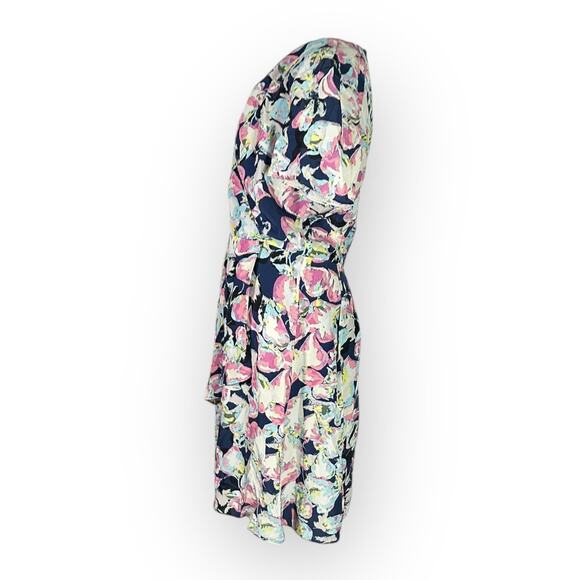 Slate & Willow Mini Dress Women's 8 Blue Silk Mixed Floral Printed Faux Wrap RTR - Picture 4 of 13